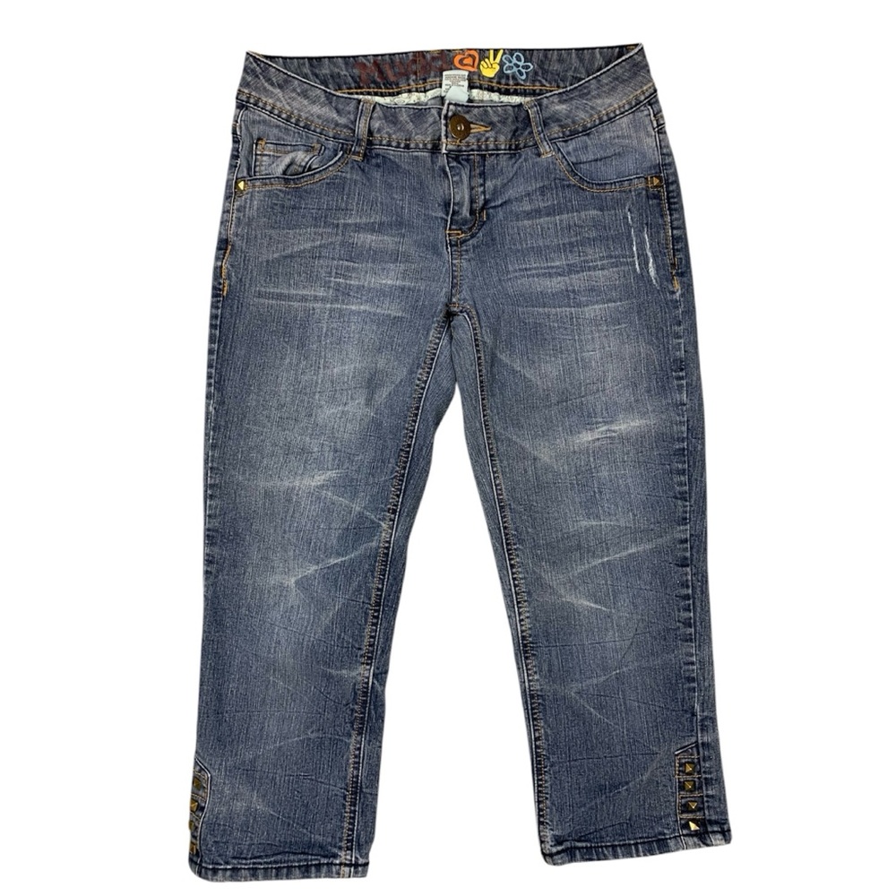 Juniors Capri Jean Pants Peddle Pushers Crop Y2K Blue Denim Stud Accents Size 3